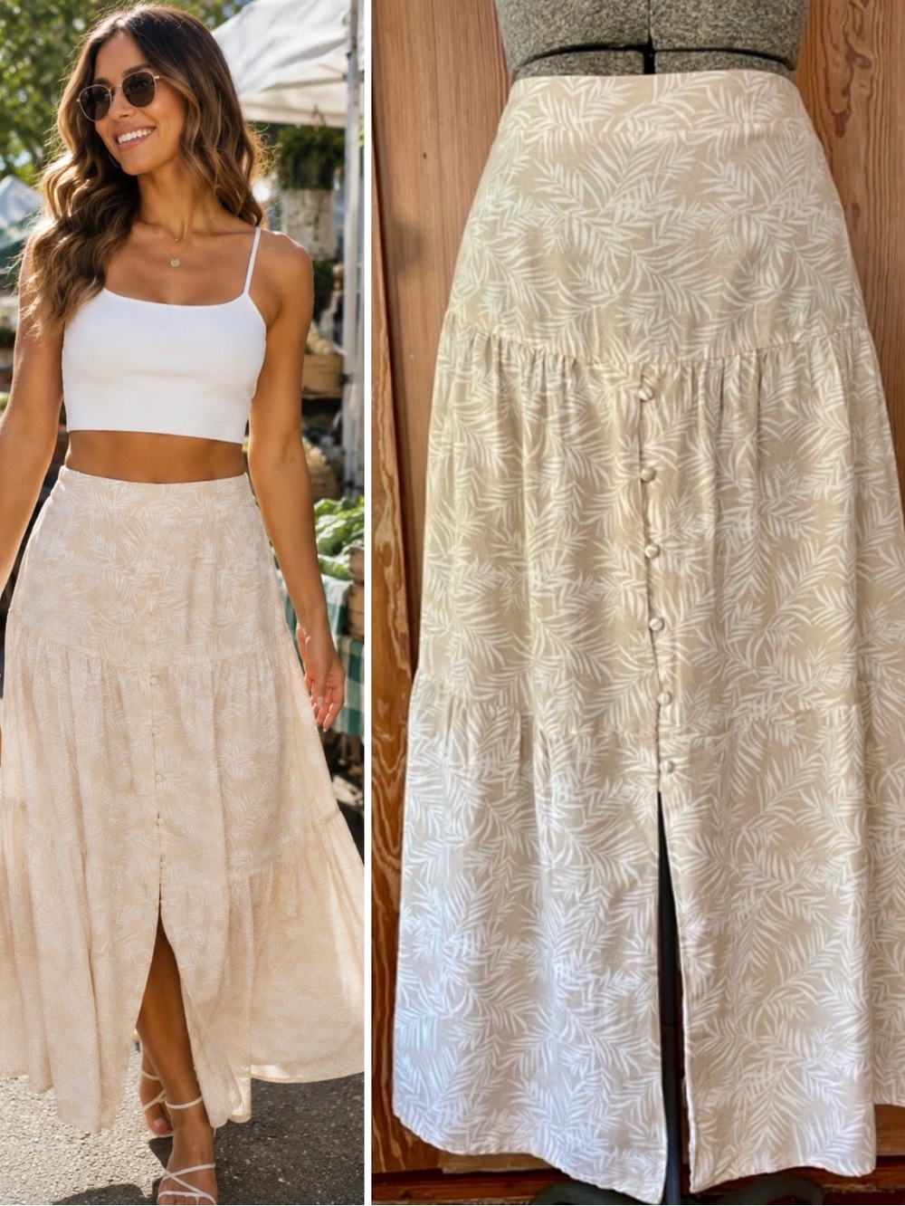 Midnight Sky Botanical Flax Blend Tiered Button Front Maxi Skirt Coastal Sz L 💚🎀